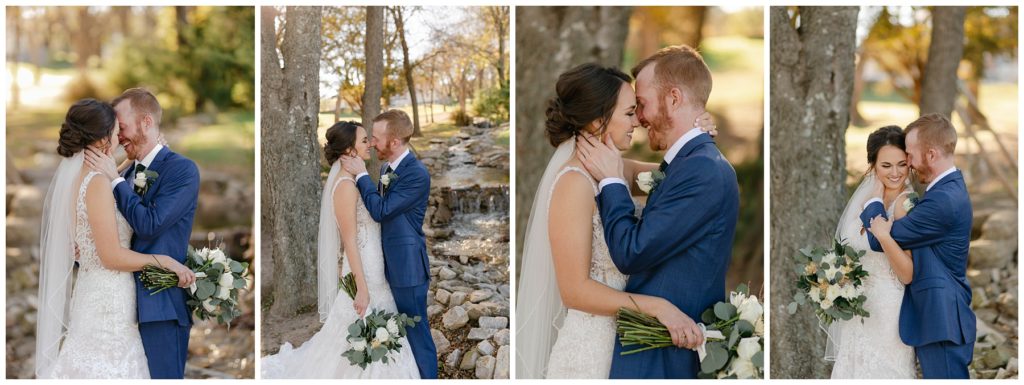 Bride and groom kissing next to bubbling brook at the Brooks at Weatherford