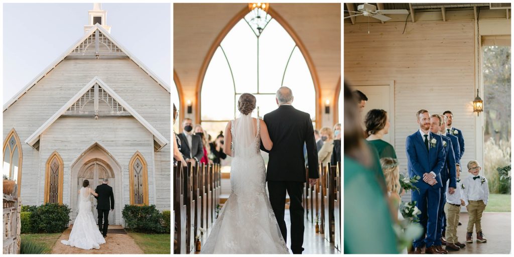 bride and father of the bride walking into The Brooks at Weatherford wedding chapel