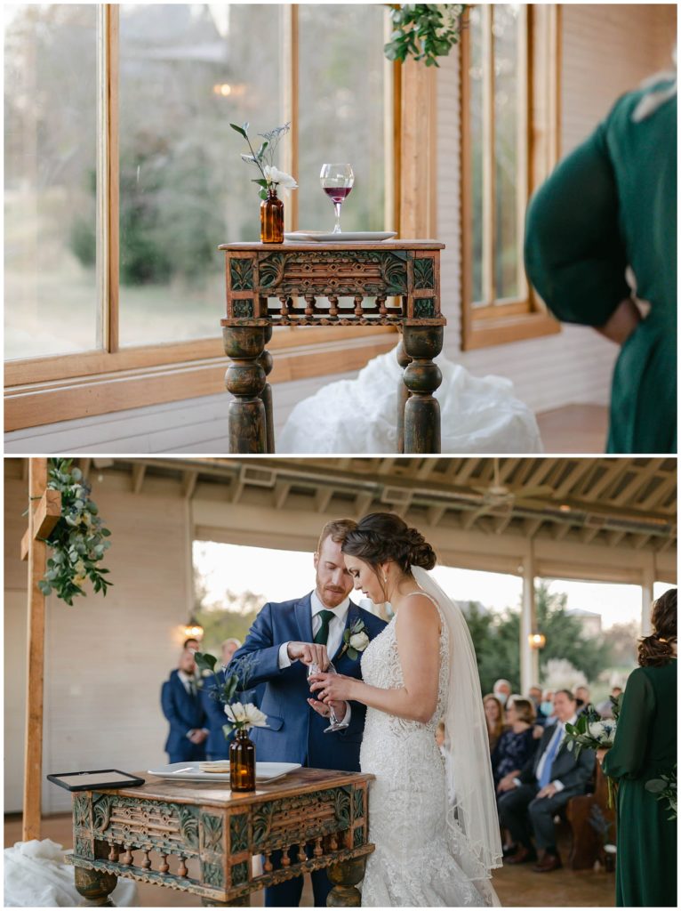 bride and groom take communion at wedding