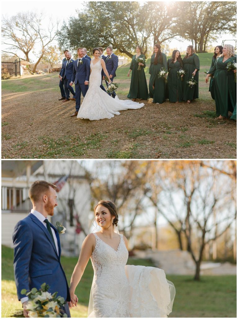 bride and groom walking with bridal party