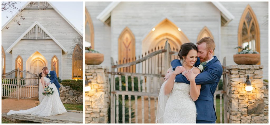 bride and groom kissing in front of chapel