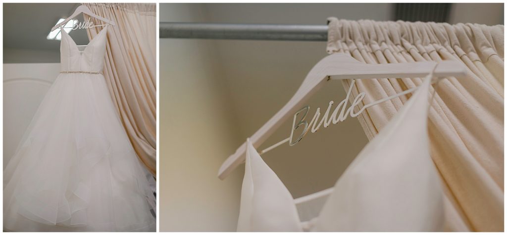 wedding gown hanging from bride hanger