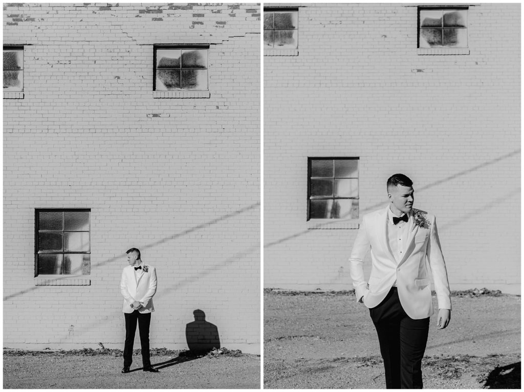 groom in white tux portrait Hugos on the Square wedding