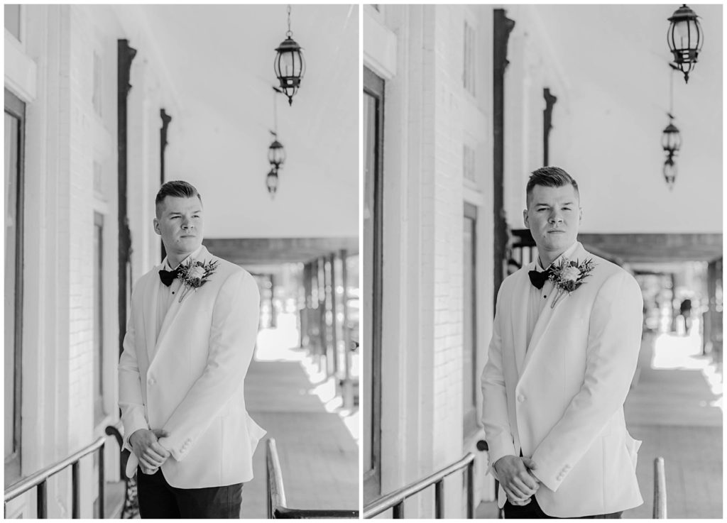 Groom in white waiting for first look with bride at Hugos on the Square wedding