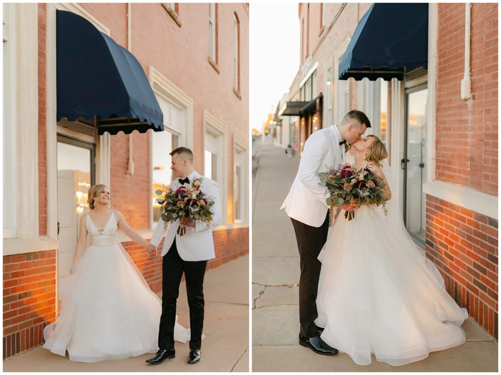 Bride and groom walking downtown