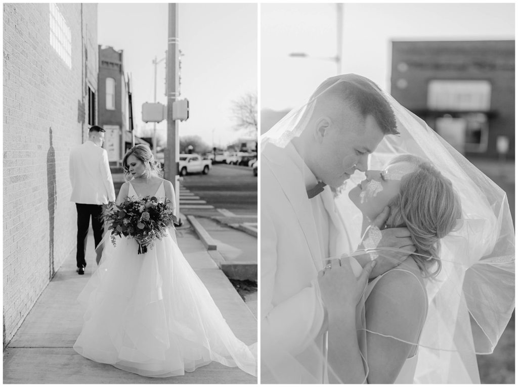 BW bride and groom kissing under veil