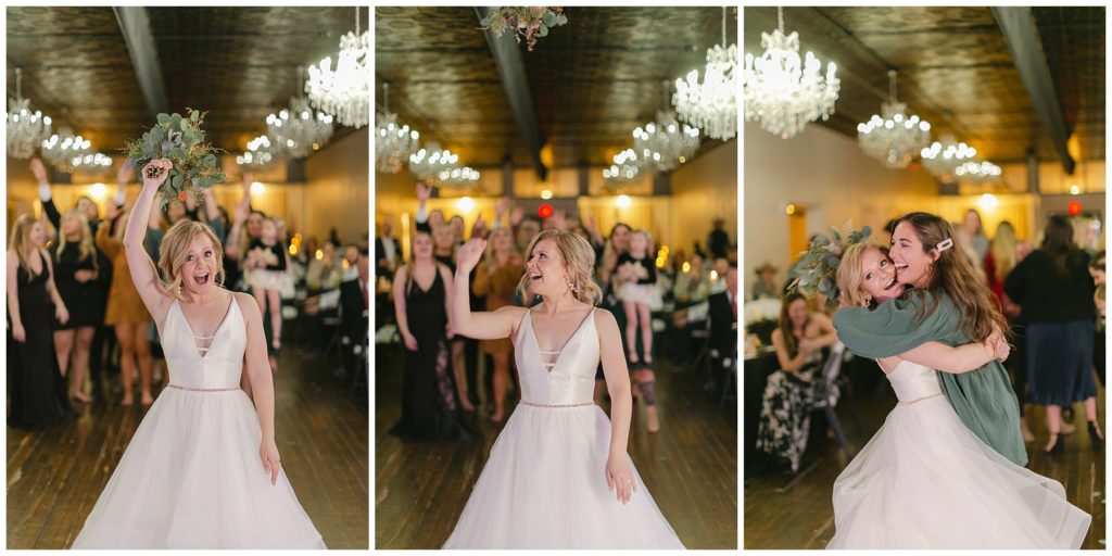 wedding bouquet toss at Hugo's on the Square