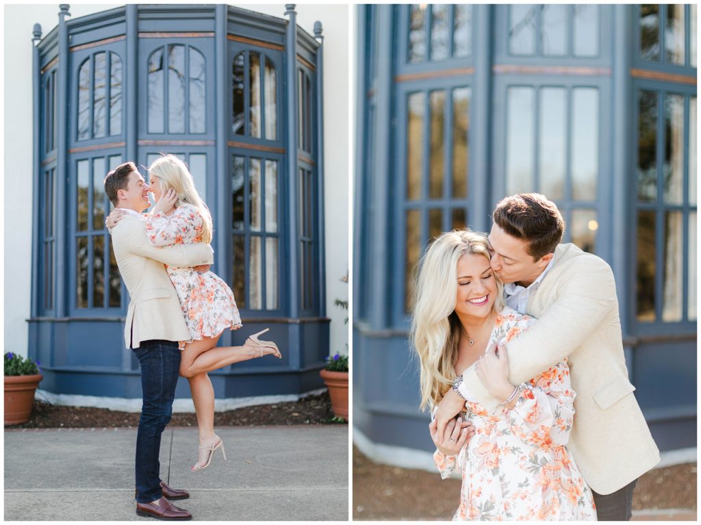 Guy lifting girl to kiss her at Dallas Arboretum engagement