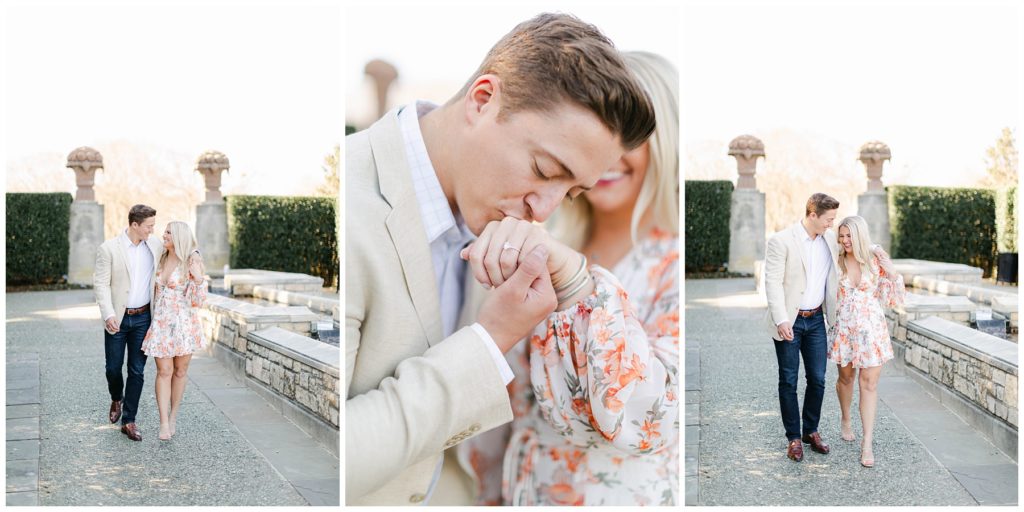 Engaged couple waking through Dallas arboretum gardens