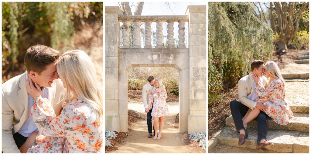 Couple cuddling on steps at Dallas Arboretum