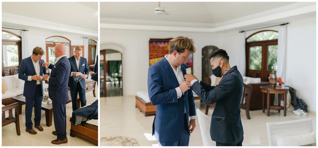 groomsmen helping groom get ready