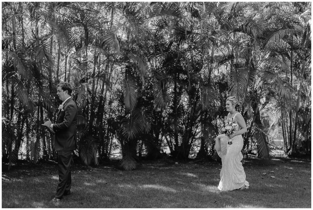 Bride walking up to groom for first look