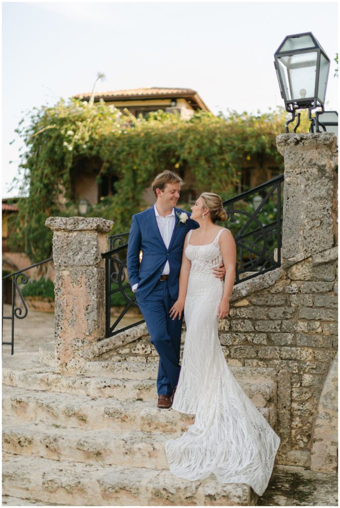 bride and groom on steps at Atlos De Chavon wedding