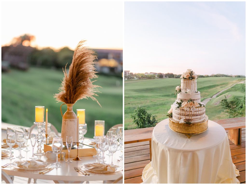 3 tiered wedding cake and reception table setup at Casa de Campo Alos de Chavon Dominican Republic wedding