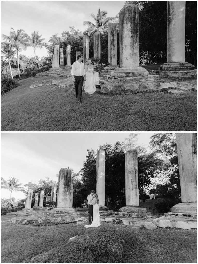 BW husband and wife hugging in Atlos De Chavon Dominican Republic wedding