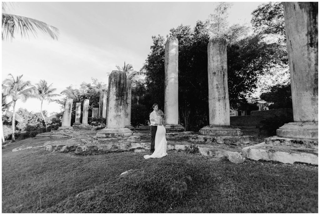 BW husband and wife hugging in Atlos De Chavon Dominican Republic wedding