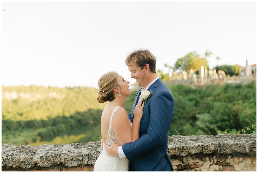 Bride and groom embracing in Atlos de Chavon Dominican Republic wedding