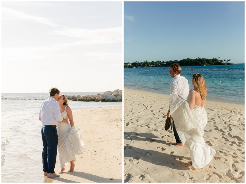 bride and groom walking along beach