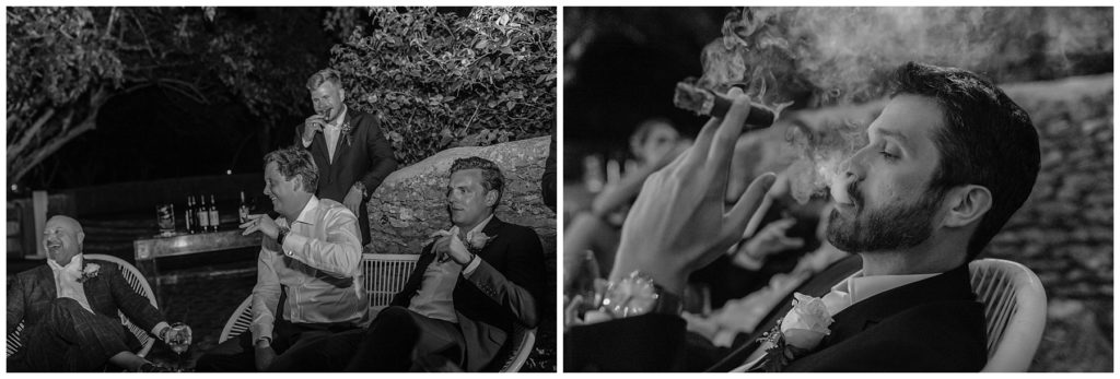 BW Groom and groomsmen smoking cigars at Dominican Republic wedding