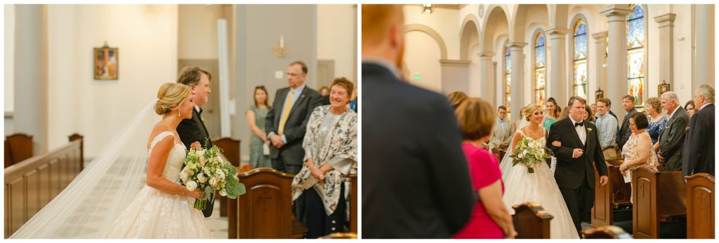 bride walking down aisle with father in South Carolina Catholic wedding 