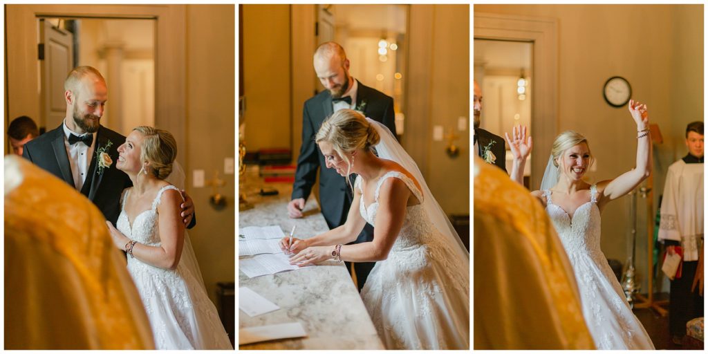 bride and groom signing marriage liscense in South Carolina Catholic wedding