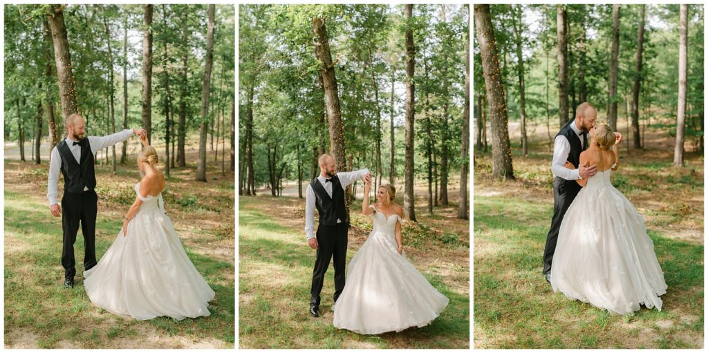 groom twirling bride in South Carolina Catholic outdoor wedding