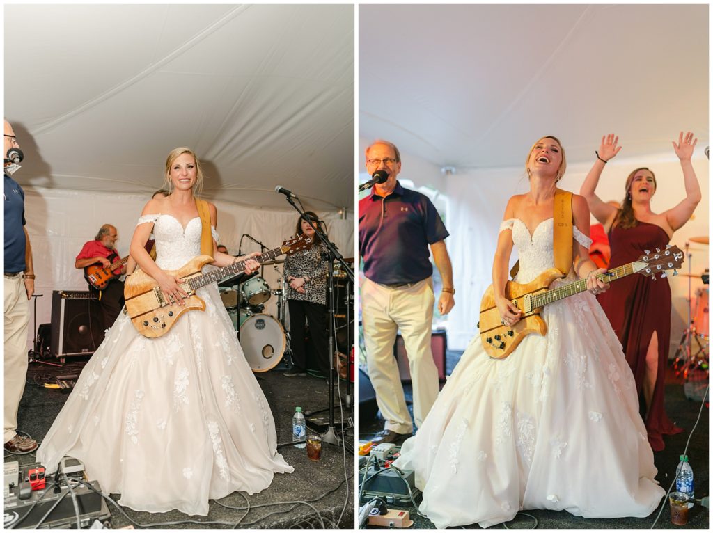 bride rocking out on stage playing guitar