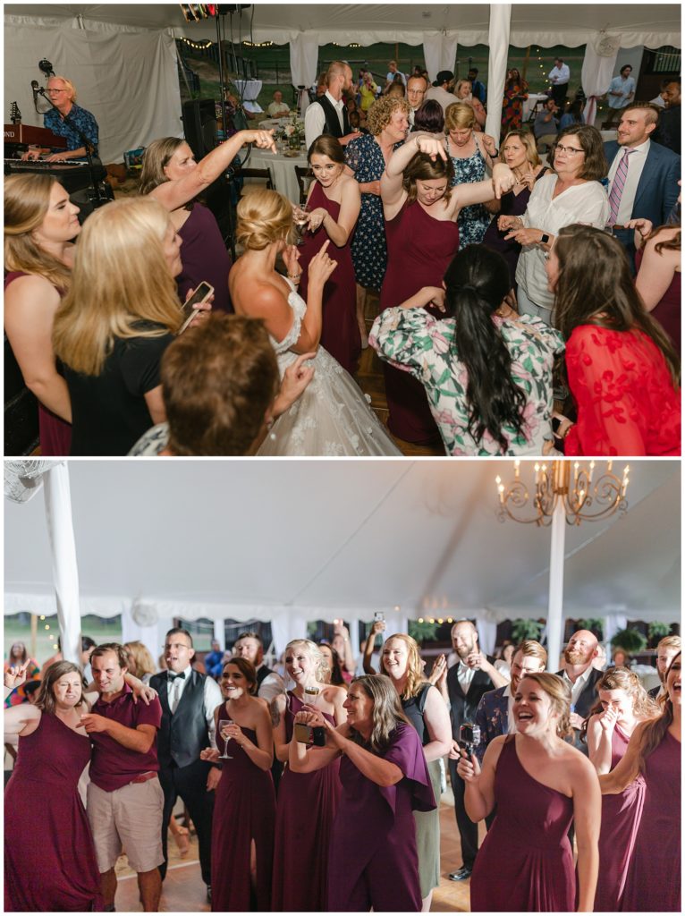 wedding guests cheering on dancefloor