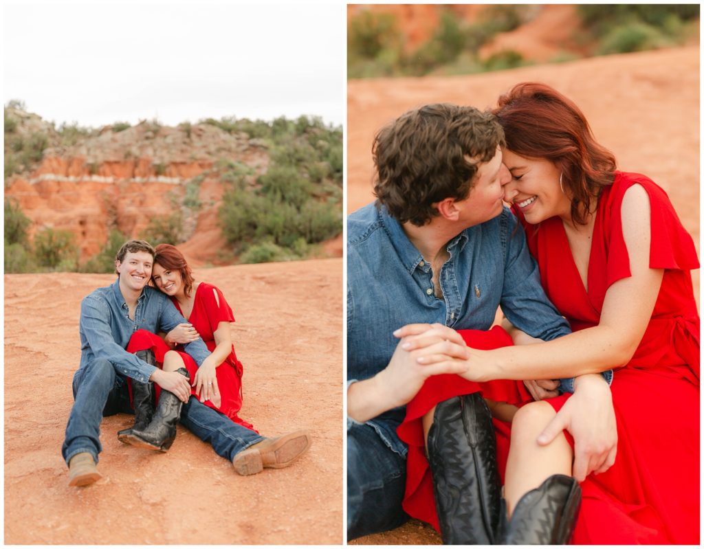 Couple cuddling in Canyon Texas engagement