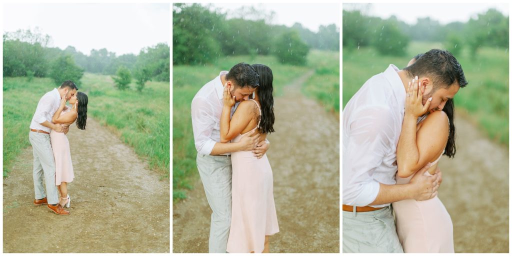 Guy kissing girl shoulder in rain Couple kissing in the rain in Arbor Hills Nature Preserve Engagement