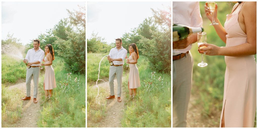 Couple toasting champagne Couple kissing in the rain in Arbor Hills Nature Preserve Engagement