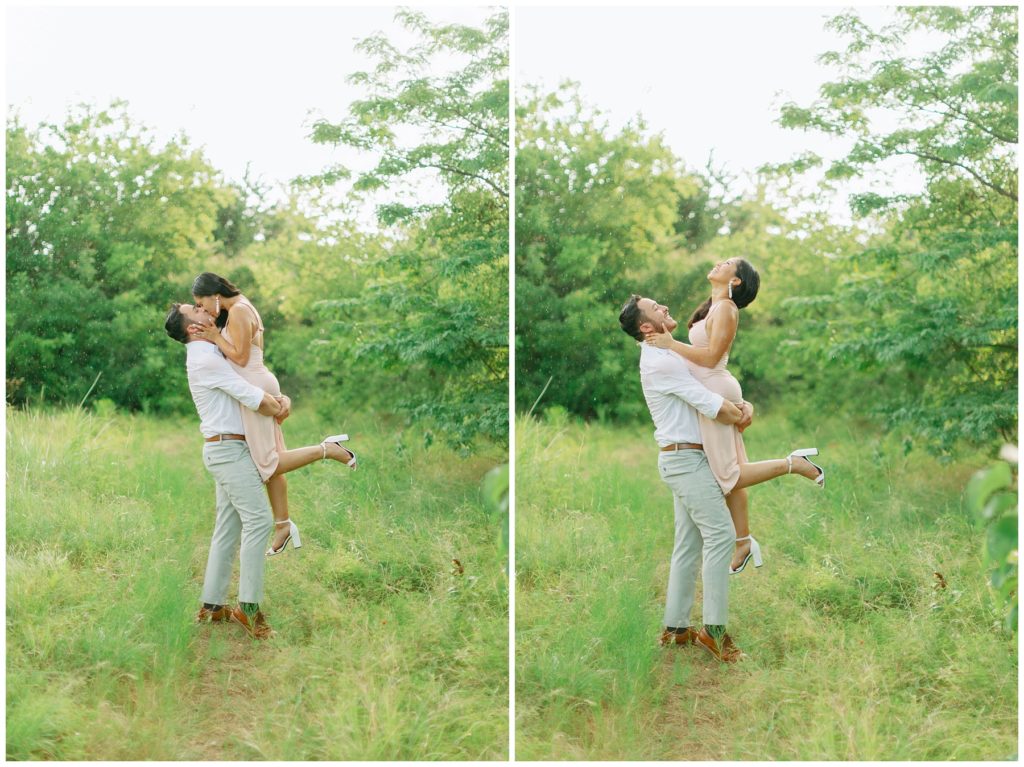 Couple kissing in the rain in Arbor Hills Nature Preserve Engagement