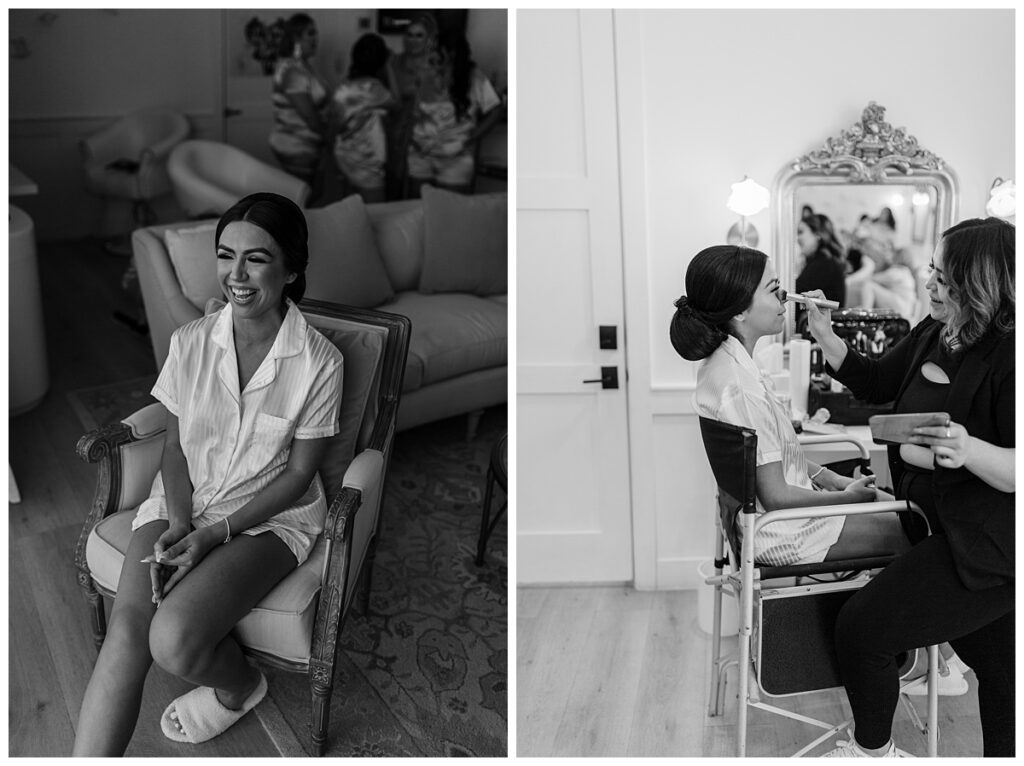 bride getting ready with bridesmaids at The Orchard Texas wedding venue