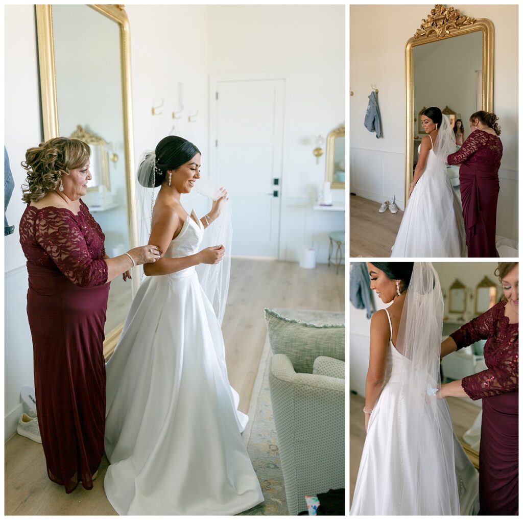 bride getting ready with mother