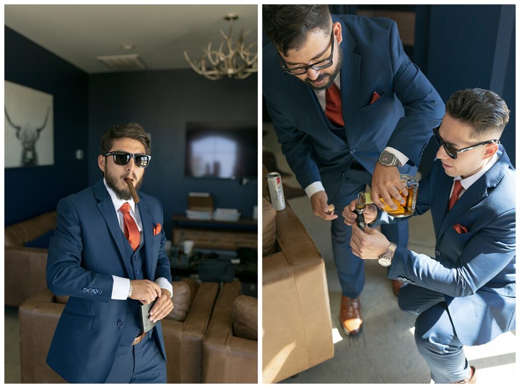 Groom and groomsmen having shots and cigars The Orchard Wedding venue