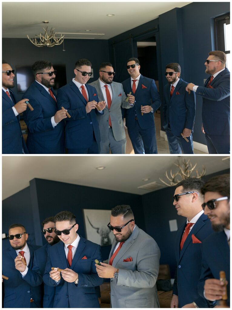 Groom and groomsmen getting ready with cigars at The Orchard Texas wedding venue