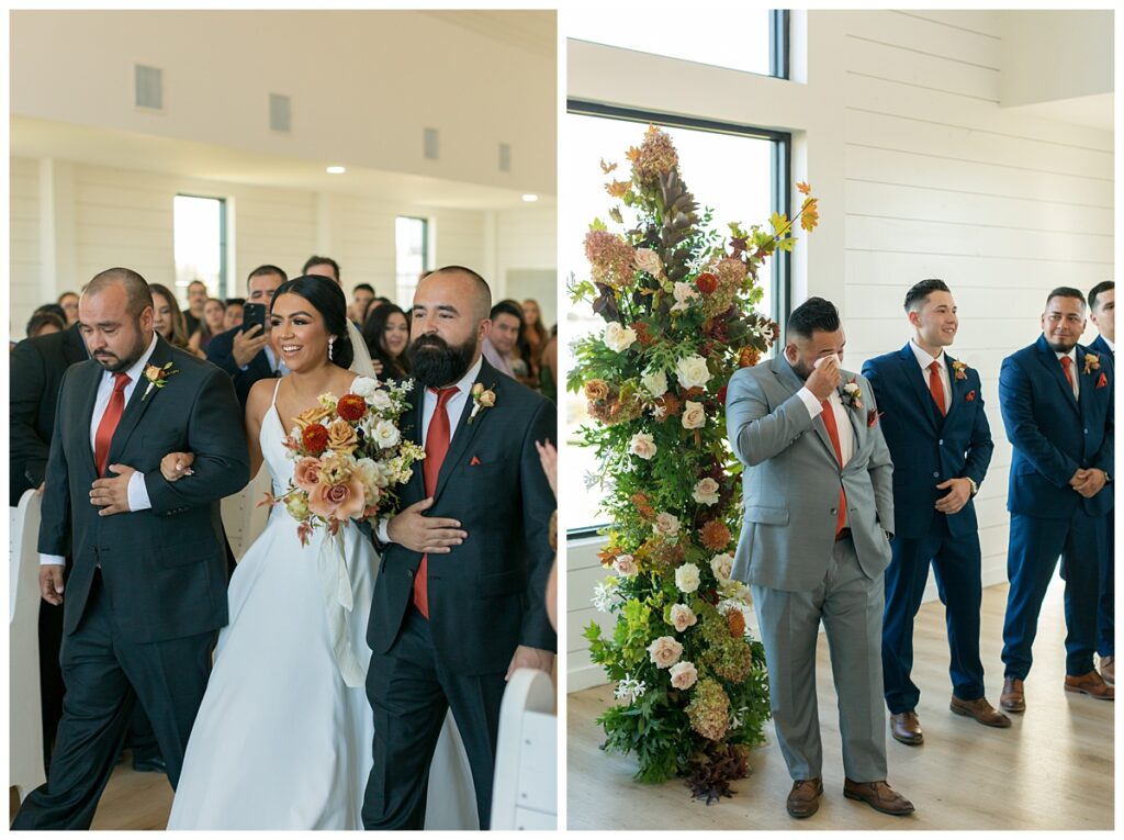 bride walking down aisle, groom crying reaction