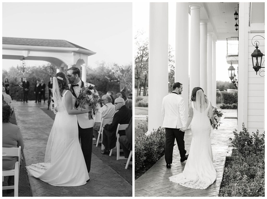 BW bride and groom walking away after ceremony and kissing the springs in weatherford 