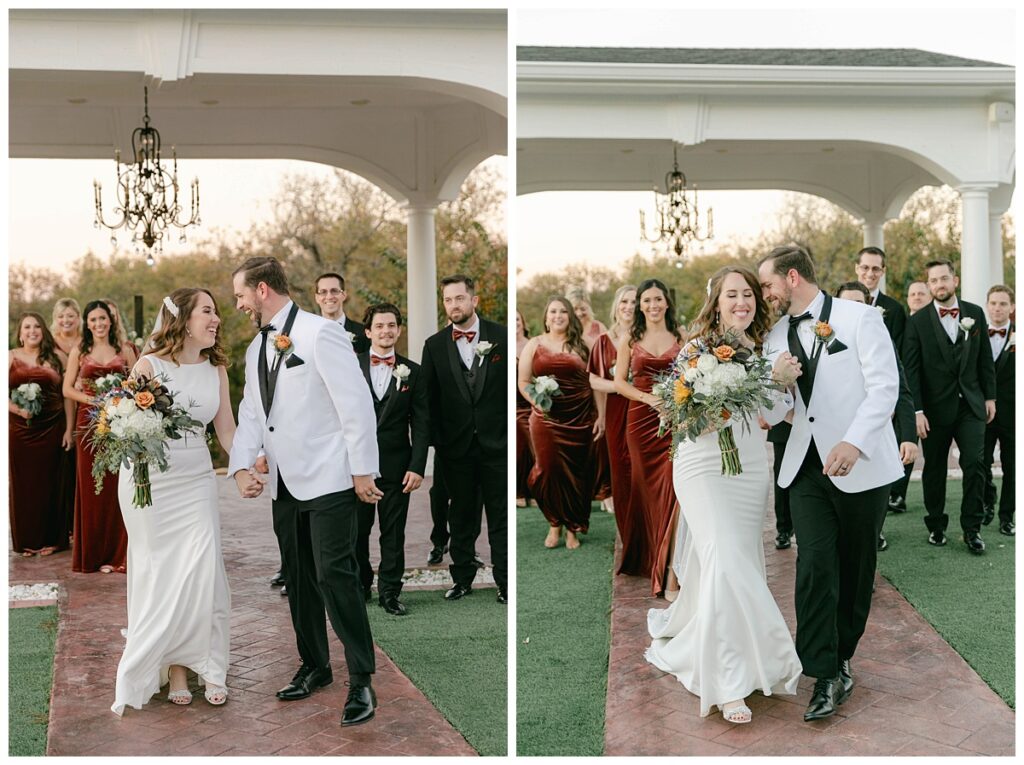 bride, groom and bridal party walking