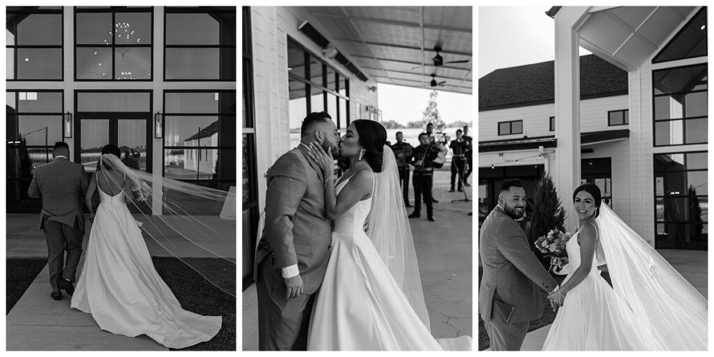 BW bride and groom kiss at The Orchard Texas wedding venue