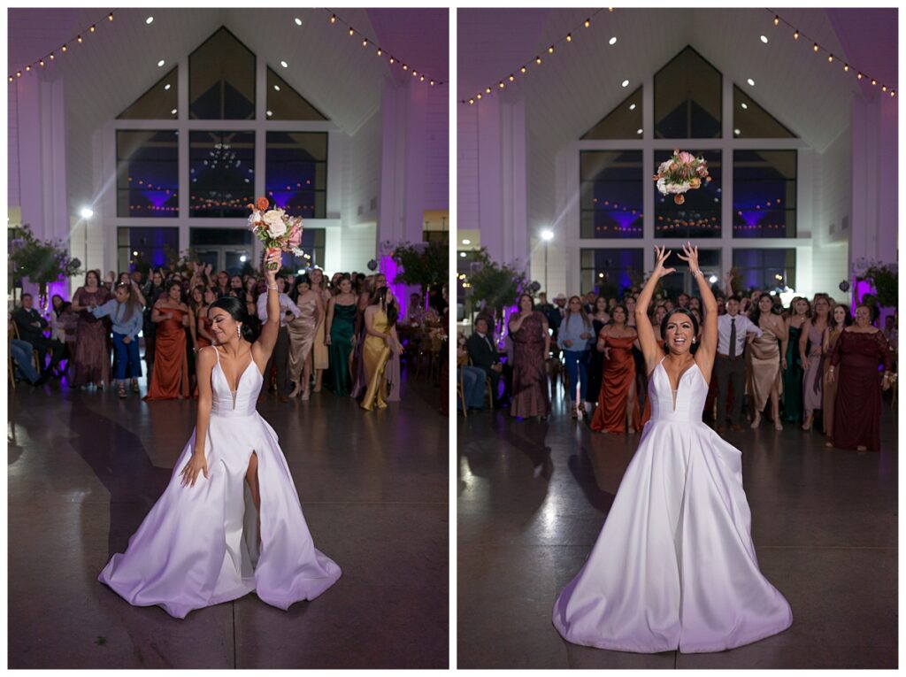 bridal bouquet toss The Orchard Texas wedding